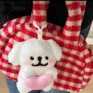 Kawaii accesorie puppy plush with pink heart keychain white color